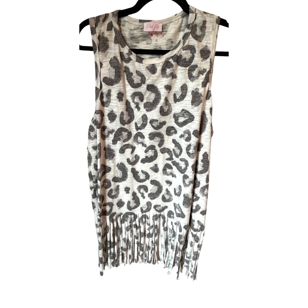Pink Lily Leopard Print Fringe Hem Tank Top Grey White Racerback Sleeveless L